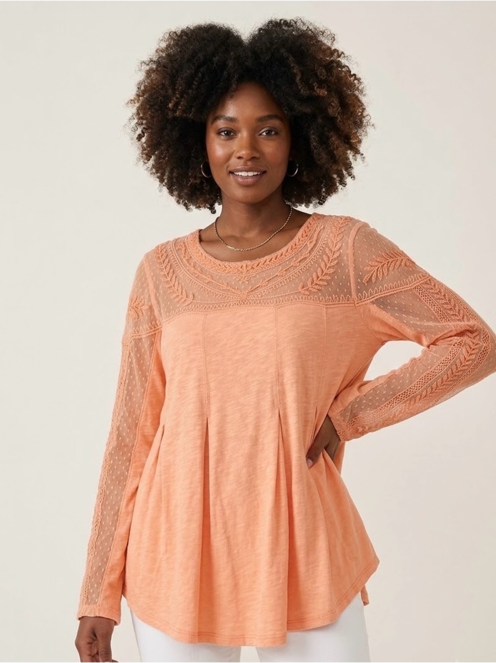 Retro Free People Peach Embroidered Boho Tunic Top 100% rayon